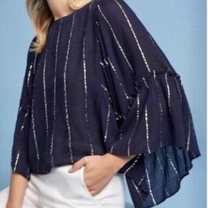 Anthropologie Floreat Emelyn Bell Sleeve Top Blue Metallic Stripe Cotton